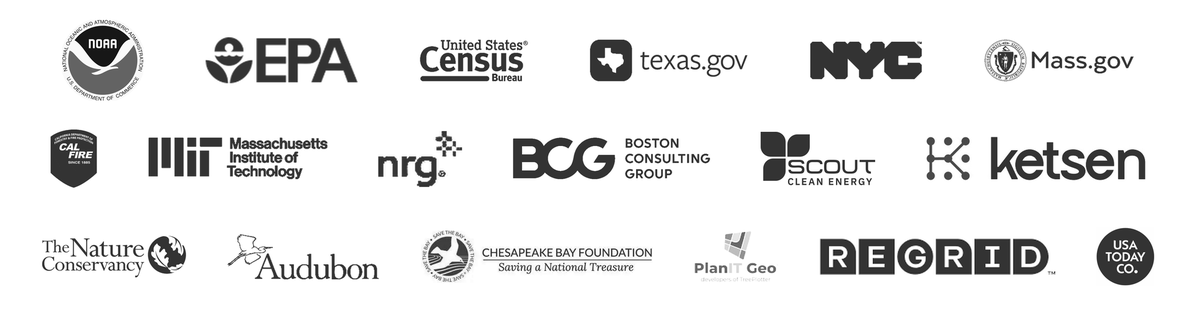 Logos of EarthDefine customers and partners: NOAA, EPA, U.S. Census Bureau, Texas.gov, NYC, Mass.gov, CAL FIRE, MIT, USA Today, NRG, Boston Consulting Group, Scout Clean Energy, The Nature Conservancy, Audubon, Chesapeake Bay Foundation, PlanIT Geo, and R