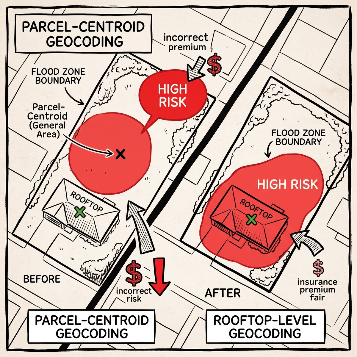 Image explaining the physical offset between geocoding in the center of a property rather than the center of a properties rooftop.