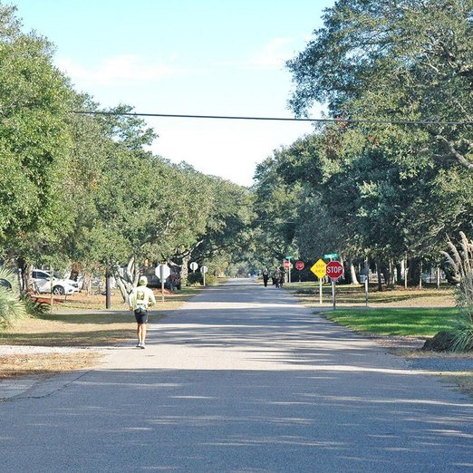 A paved residential road stretches straight ahead, lined on both sides by large, leafy oak trees forming an overhead canopy. A lone runner jogs along the left side toward a distant stop sign at a quiet neighborhood intersection under clear blue skies.