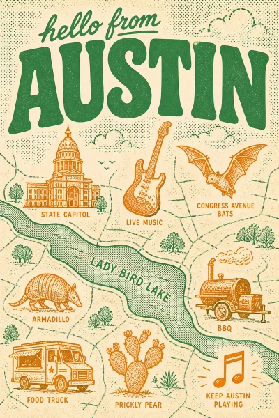 Austin, Texas postcard design 2 of 6 — portrait