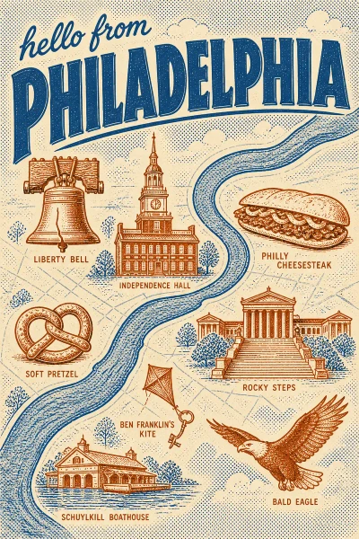 Philadelphia, Pennsylvania postcard design 2 of 6 — portrait