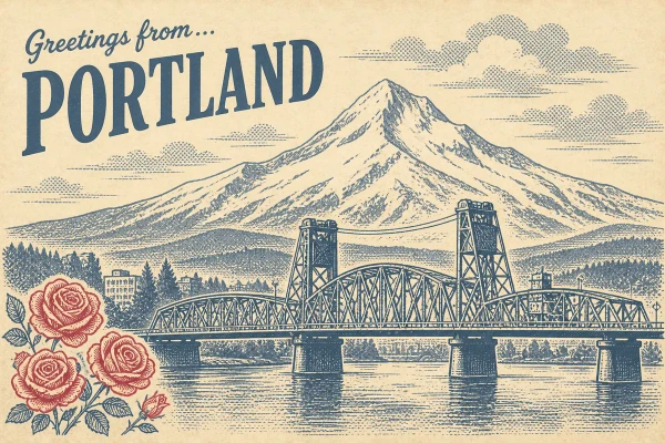 Portland, Oregon postcard design 1 of 6 — landscape