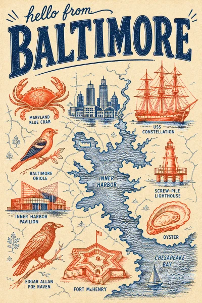 Baltimore, Maryland postcard design 2 of 6 — portrait