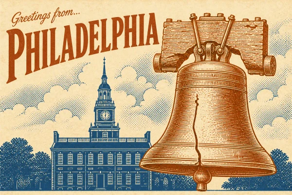 Philadelphia, Pennsylvania postcard design 1 of 6 — landscape