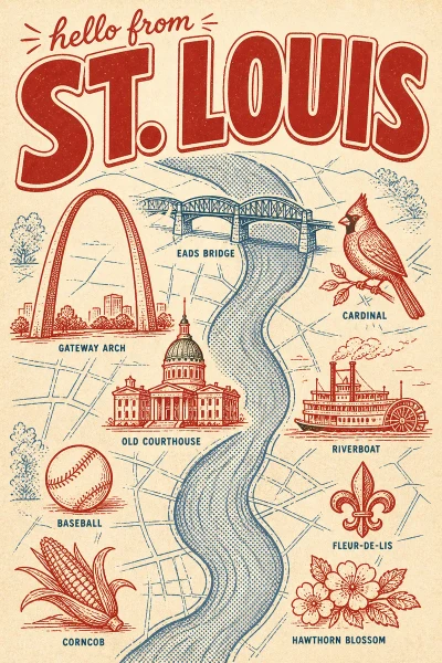 St Louis, Missouri postcard design 2 of 6 — portrait