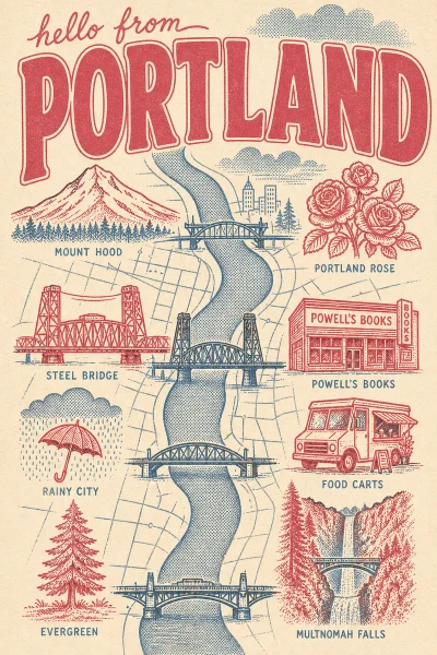 Portland, Oregon postcard design 2 of 6 — portrait