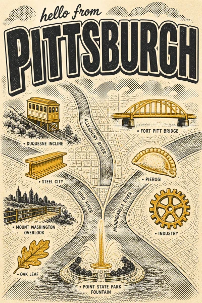 Pittsburgh, Pennsylvania postcard design 2 of 6 — portrait