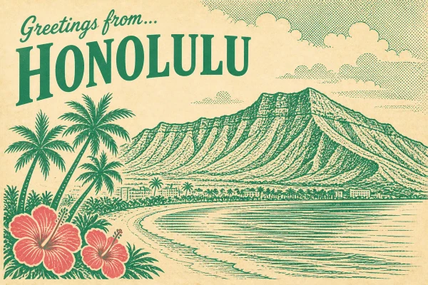Honolulu, Hawaii postcard design 1 of 6 — landscape