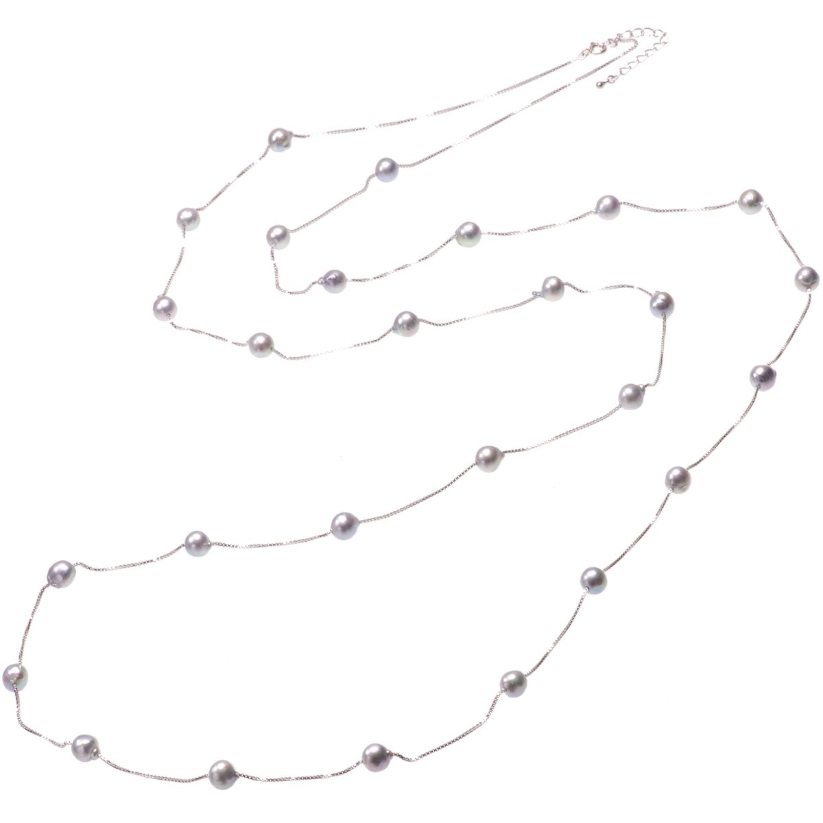 アコヤ 真珠 ロング ステーションネックレス 約7.5-8.5mm 約150cm(約5cmAJ付) バロック珠 SVチェーン ブルーグレー染 結婚式 冠婚葬祭 葬儀 成人式 卒業 入園 入学式 カジュアル 普段使いの写真