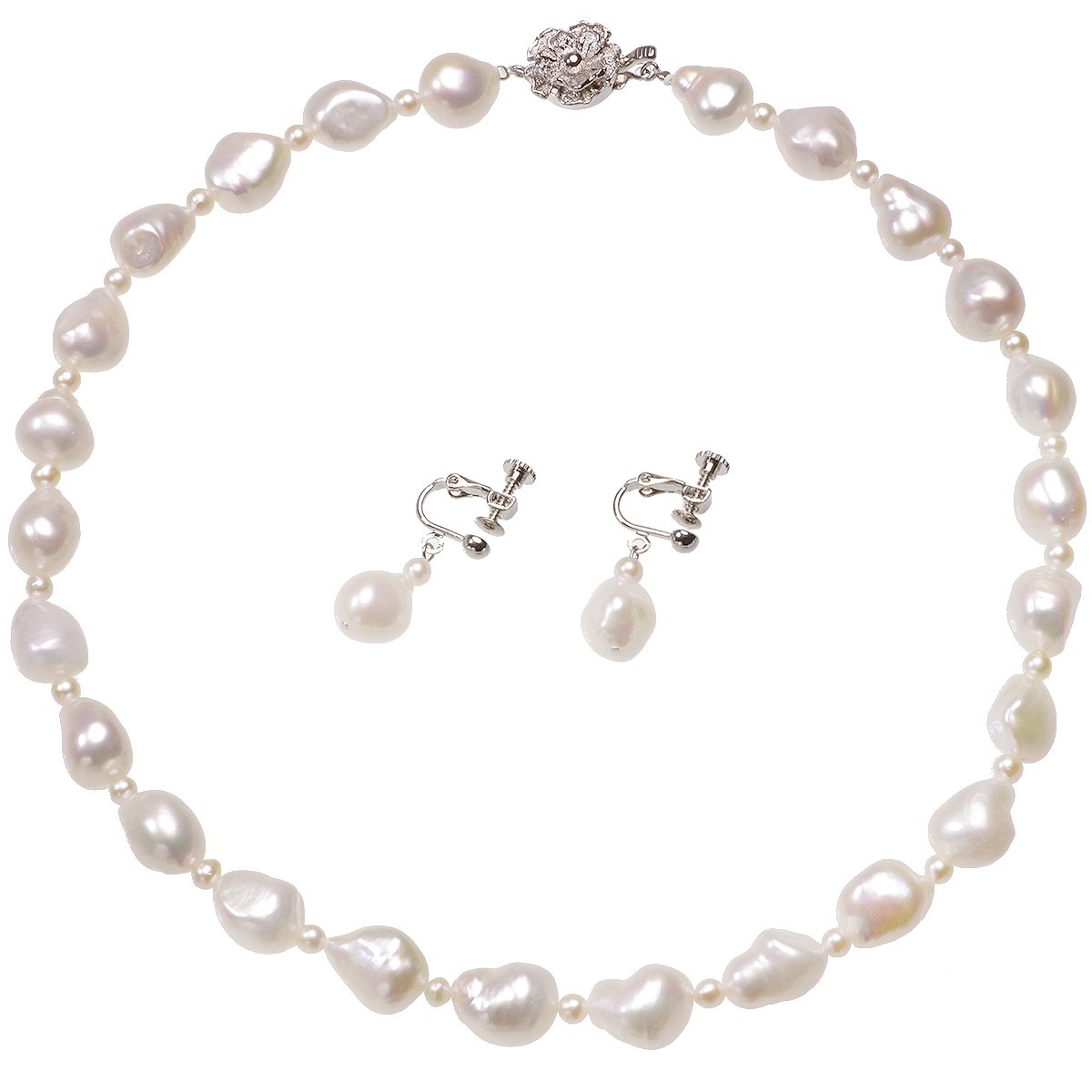 大粒 高級淡水真珠 バロック パール ネックレスセット 約10-11.5mm SV 結婚式 冠婚葬祭 葬儀 プレゼント カジュアル 普段使い 大粒 大ぶりの写真