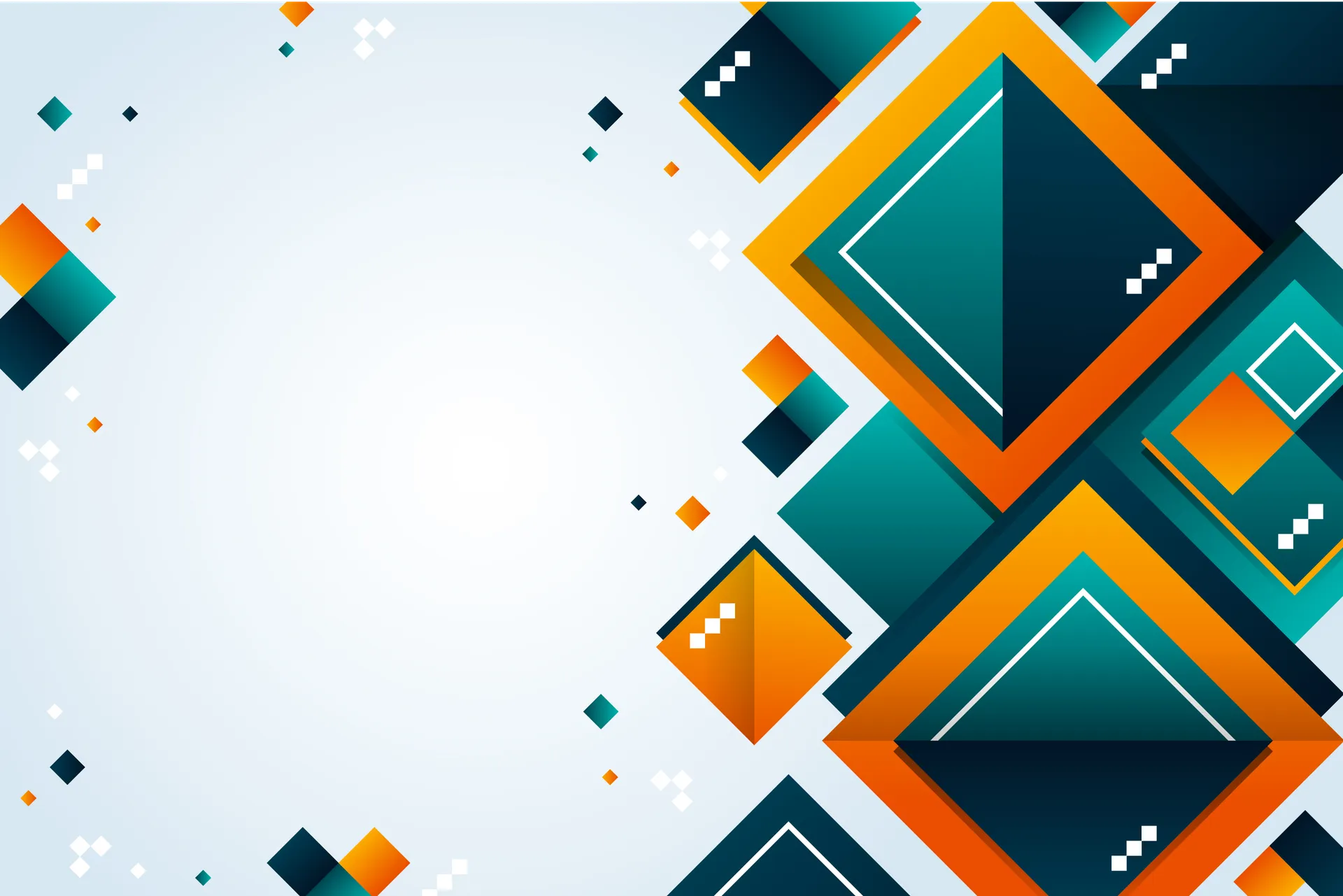 "Abstract background with overlapping teal, orange, and dark blue squares on a light background."