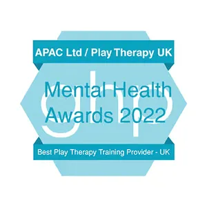 An alt tag for this image could be:
**Mental Health Awards 2022 badge awarded to APAC Ltd / Play Therapy UK for Best Play Therapy Training Provider - UK.**