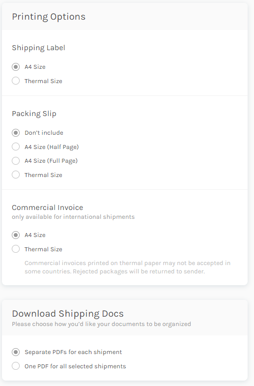 Easyship Label Printing Options