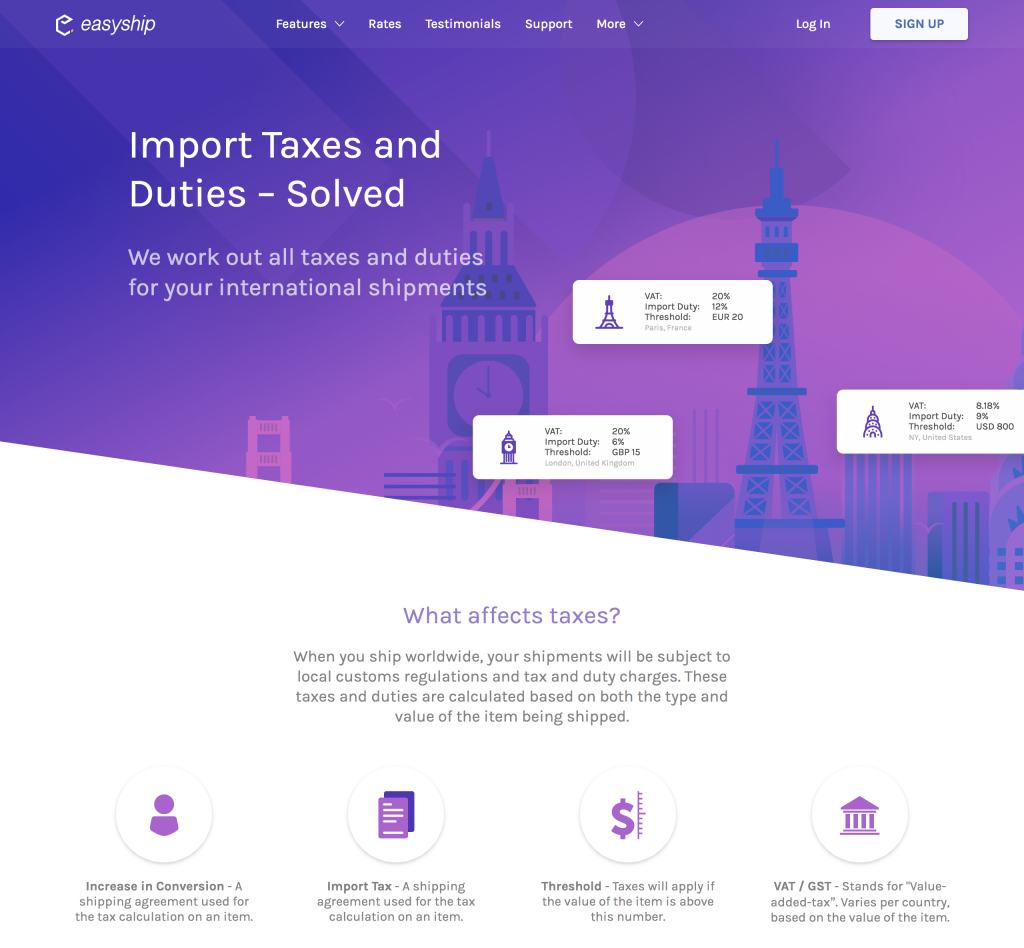 Easyship's taxes and duties page