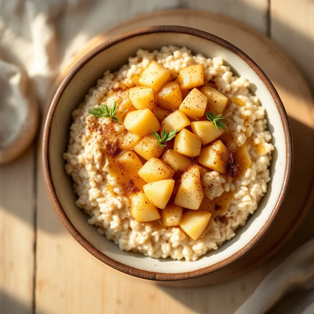 A bowl of creamy steel-cut oats topped with diced sautéed apples, a sprinkle of cinnamon, and a drizzle of maple syrup.