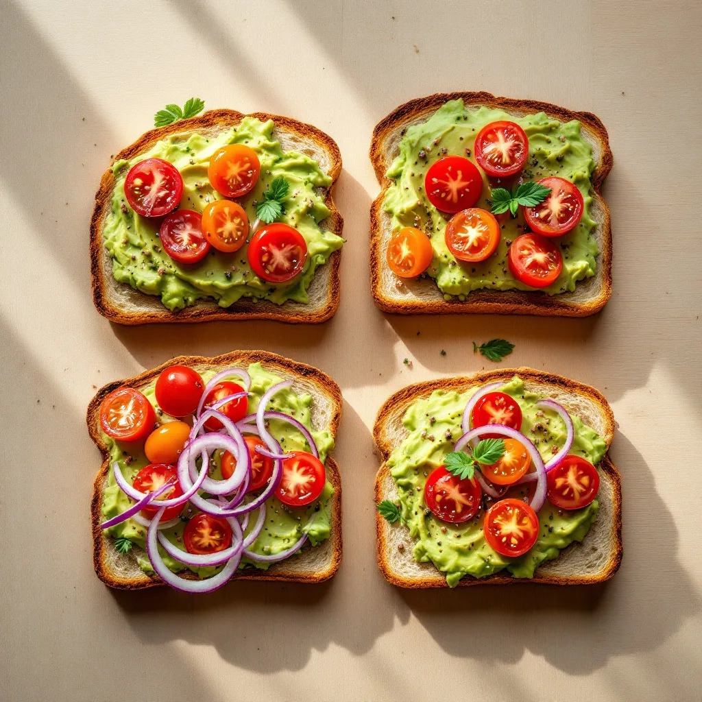 Four slices of toasted sourdough topped with mashed avocado, halved cherry tomatoes, thinly sliced red onion, and a sprinkle of everything bagel seasoning.