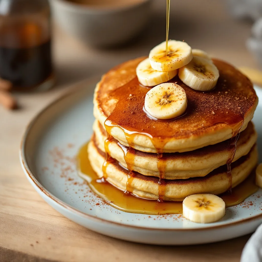 A stack of three golden banana oat pancakes drizzled with maple syrup and topped with sliced banana and a sprinkle of cinnamon.