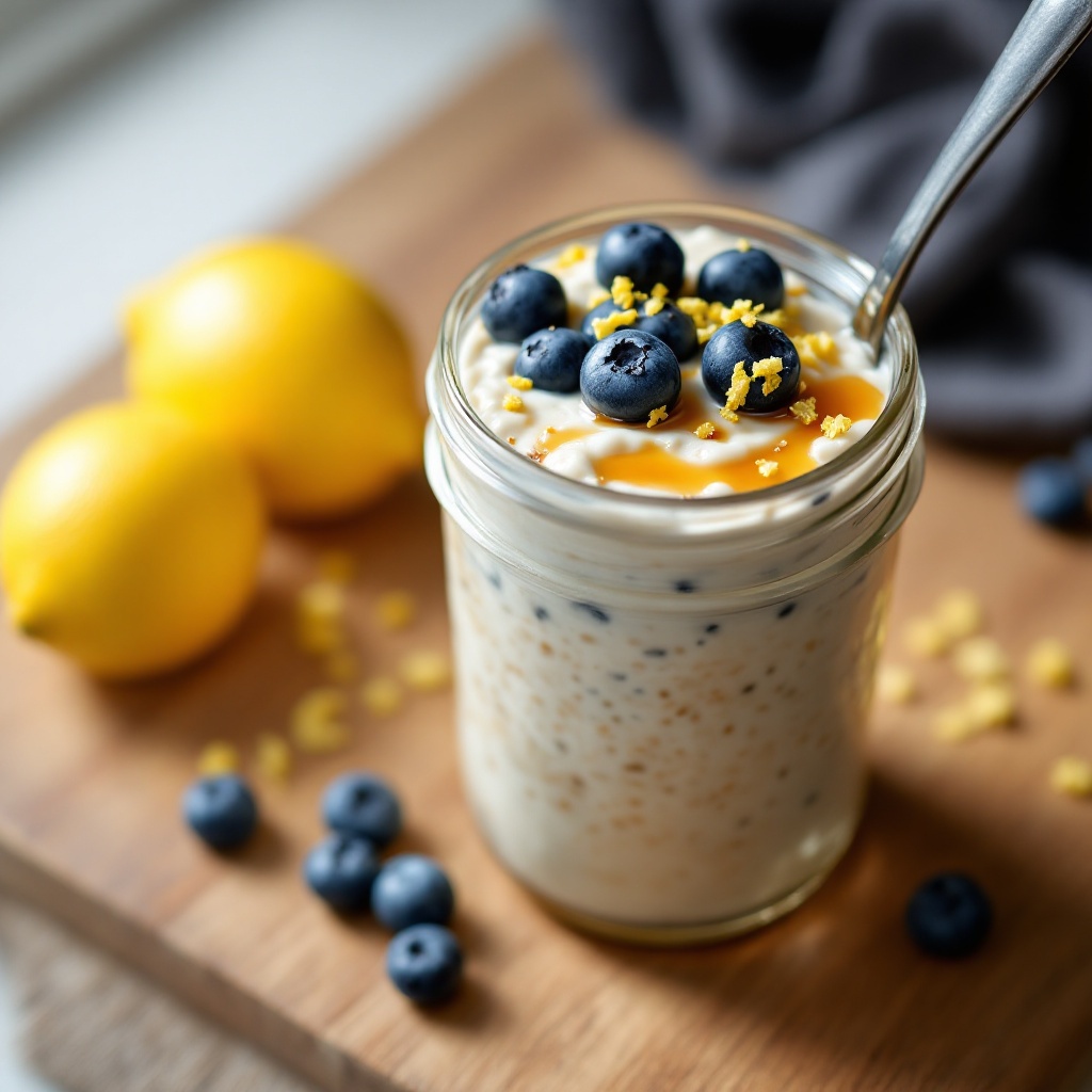 A glass jar layered with creamy white overnight oats topped with fresh blueberries, lemon zest, and a drizzle of maple syrup.