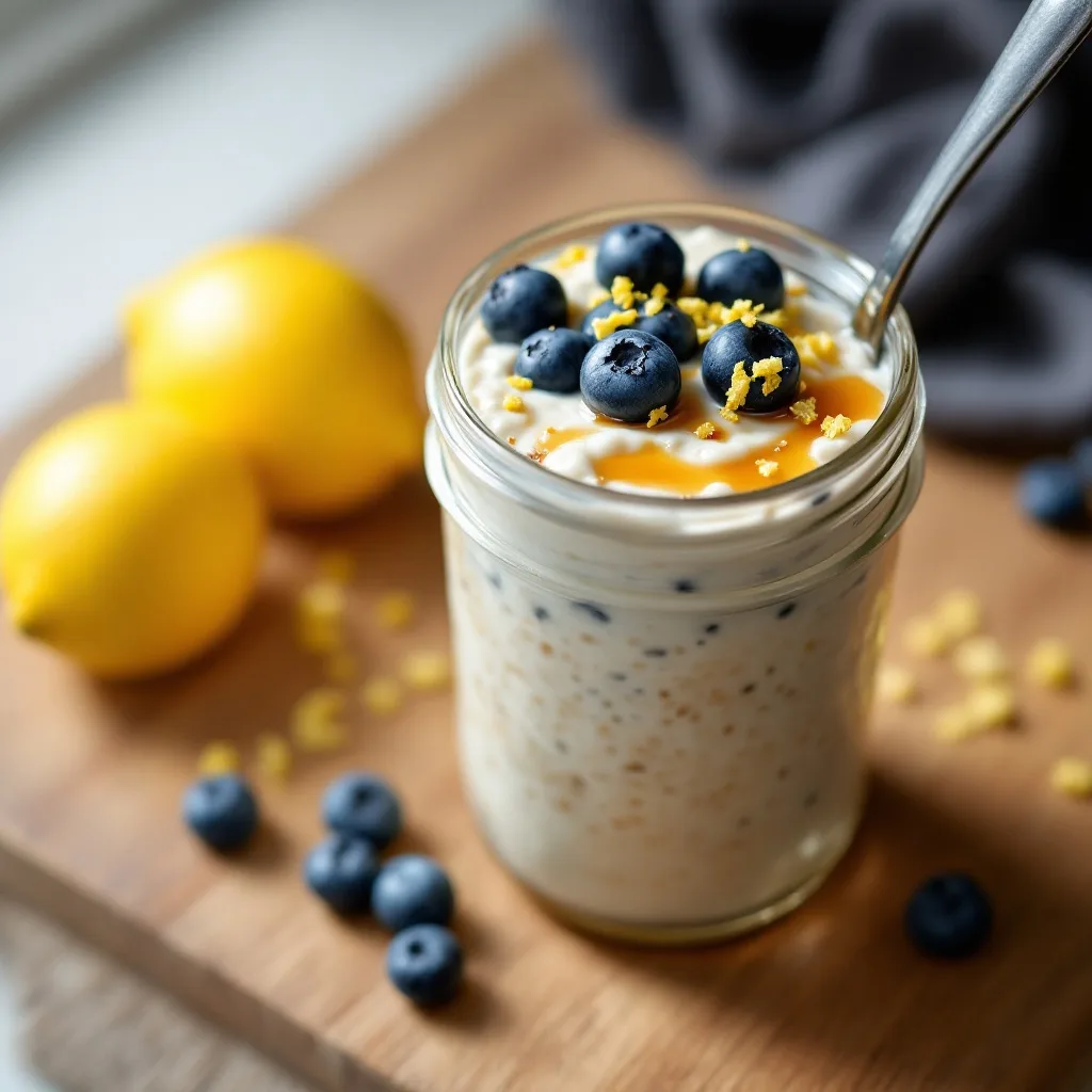 A glass jar layered with creamy white overnight oats topped with fresh blueberries, lemon zest, and a drizzle of maple syrup.