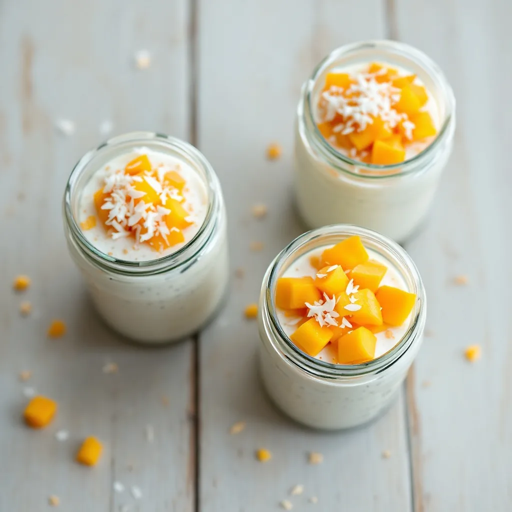 Four glass jars of creamy white coconut chia pudding topped with bright orange diced mango and a sprinkle of toasted coconut flakes.