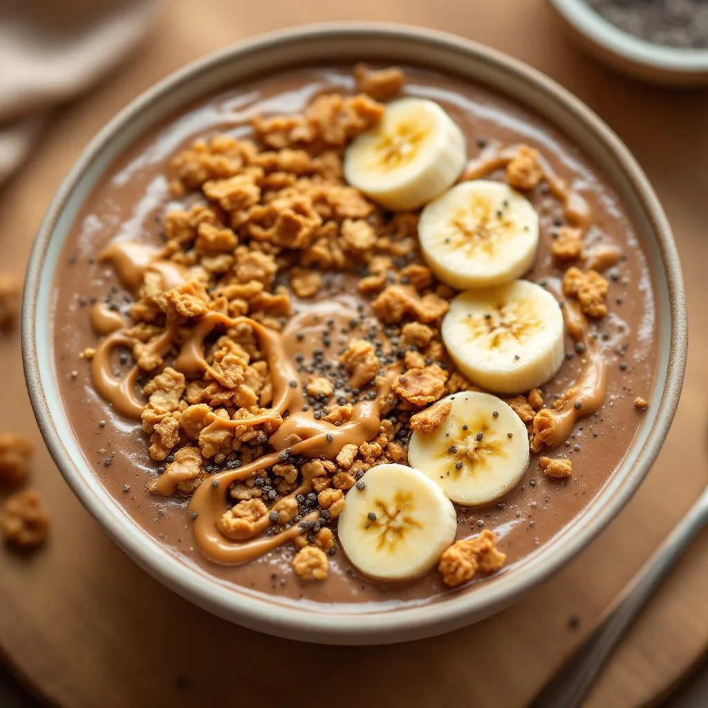 A thick brown smoothie bowl topped with sliced banana, granola clusters, a drizzle of peanut butter, and a sprinkle of chia seeds.