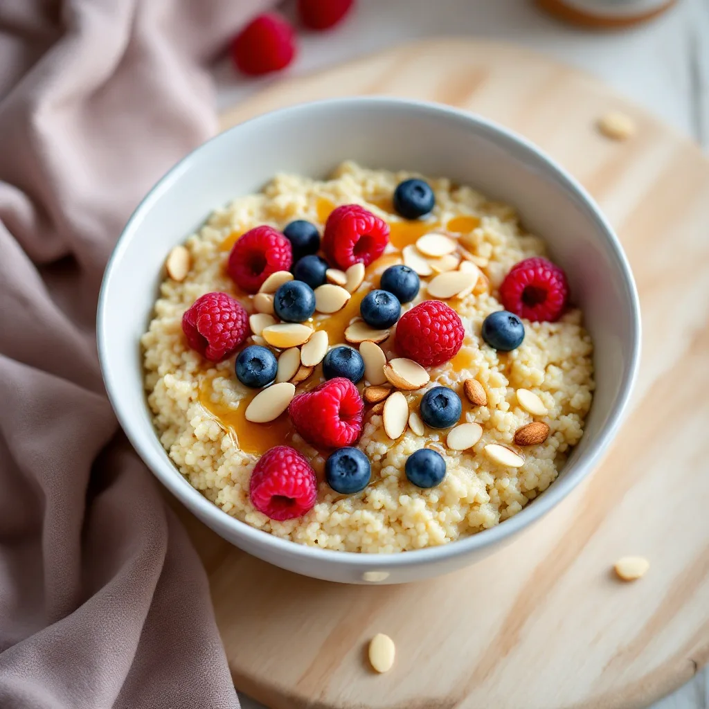 A bowl of fluffy creamy quinoa topped with fresh raspberries, blueberries, sliced almonds, and a drizzle of maple syrup.
