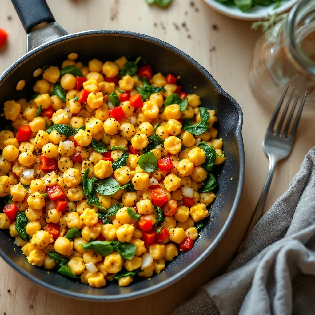 A skillet of golden chickpea flour scramble studded with diced red bell pepper, onion, and fresh spinach, sprinkled with black pepper.