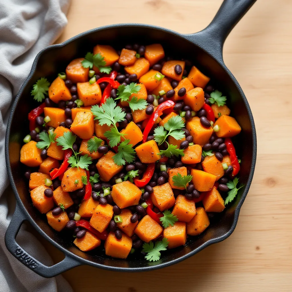 A cast-iron skillet filled with golden cubed sweet potatoes, black beans, red bell pepper, and green onions, topped with fresh cilantro.