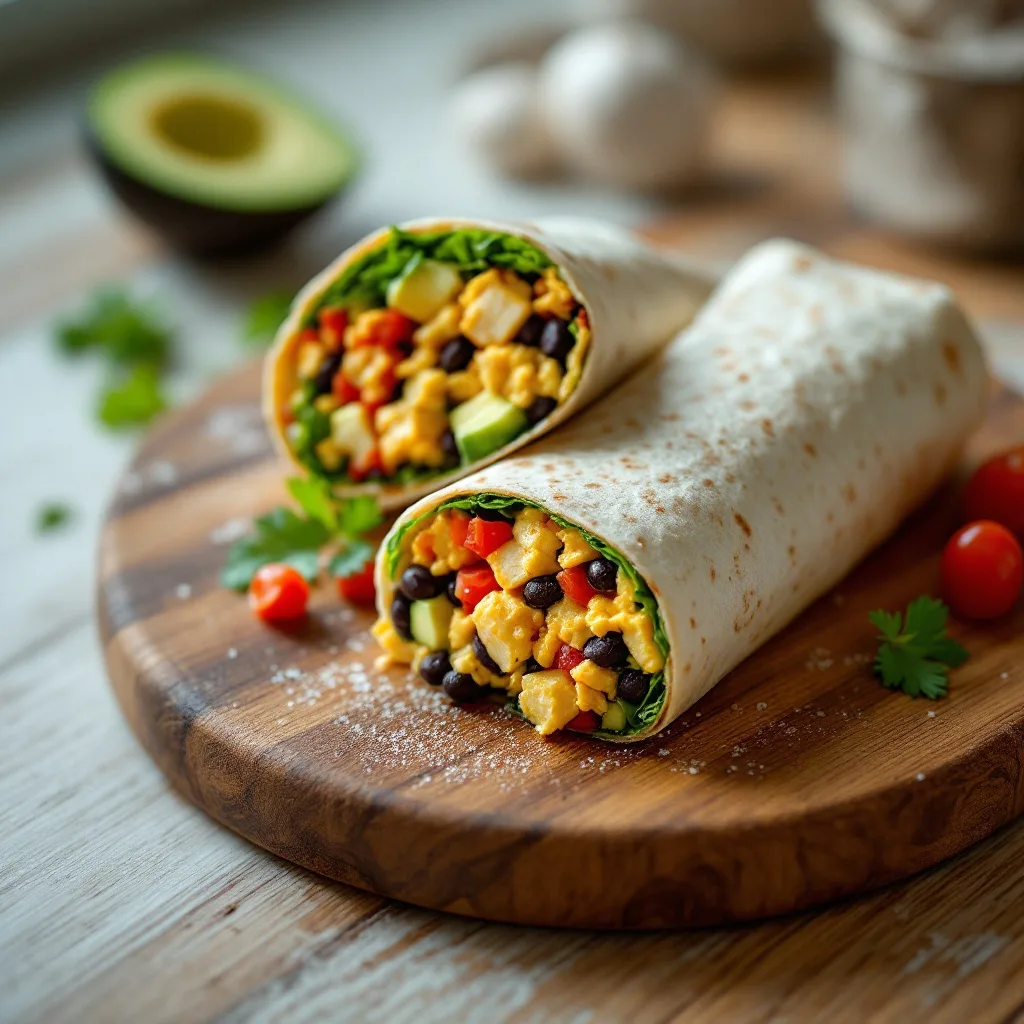A sliced burrito on a wooden board revealing scrambled tofu, black beans, avocado, and red salsa wrapped in a flour tortilla.