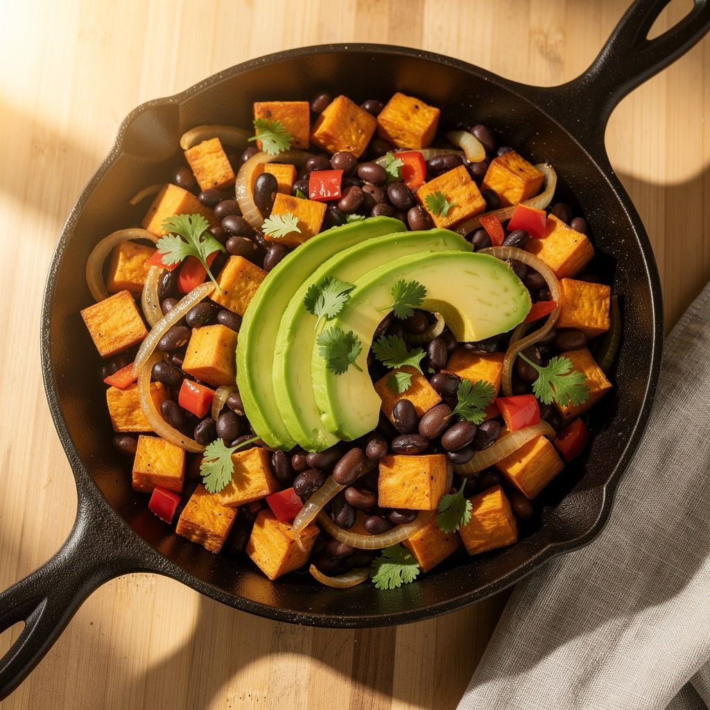 A cast-iron skillet of crispy golden sweet potato cubes mixed with black beans, diced red peppers, and onions, topped with sliced avocado and fresh cilantro.