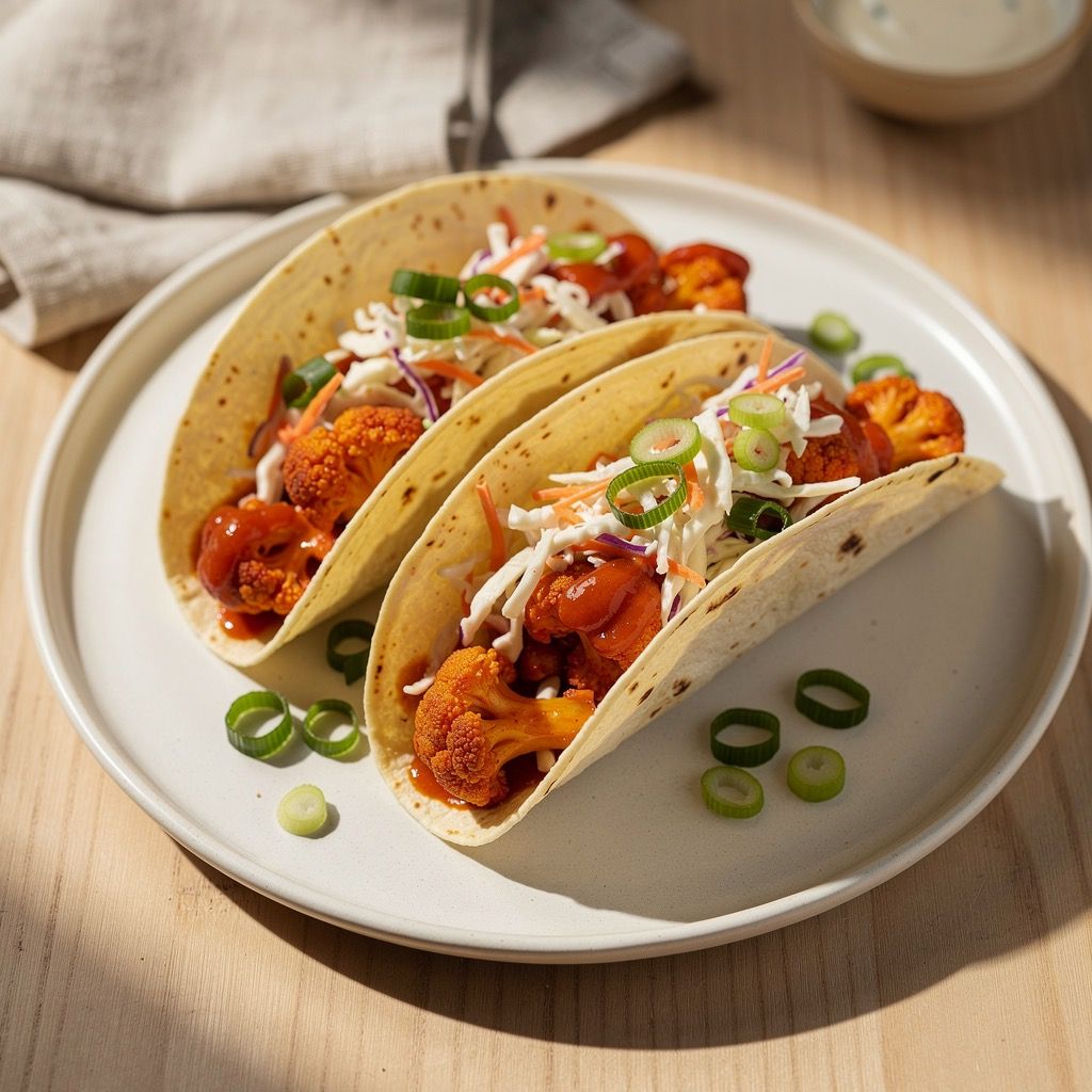 Three soft tacos filled with crispy buffalo-sauced cauliflower florets topped with creamy white ranch coleslaw and sliced green onions on a plate.