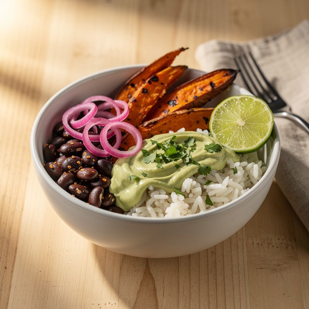 A vibrant bowl of cilantro-lime rice with roasted chipotle sweet potato wedges, seasoned black beans, pickled red onion, avocado crema, and a lime wedge.