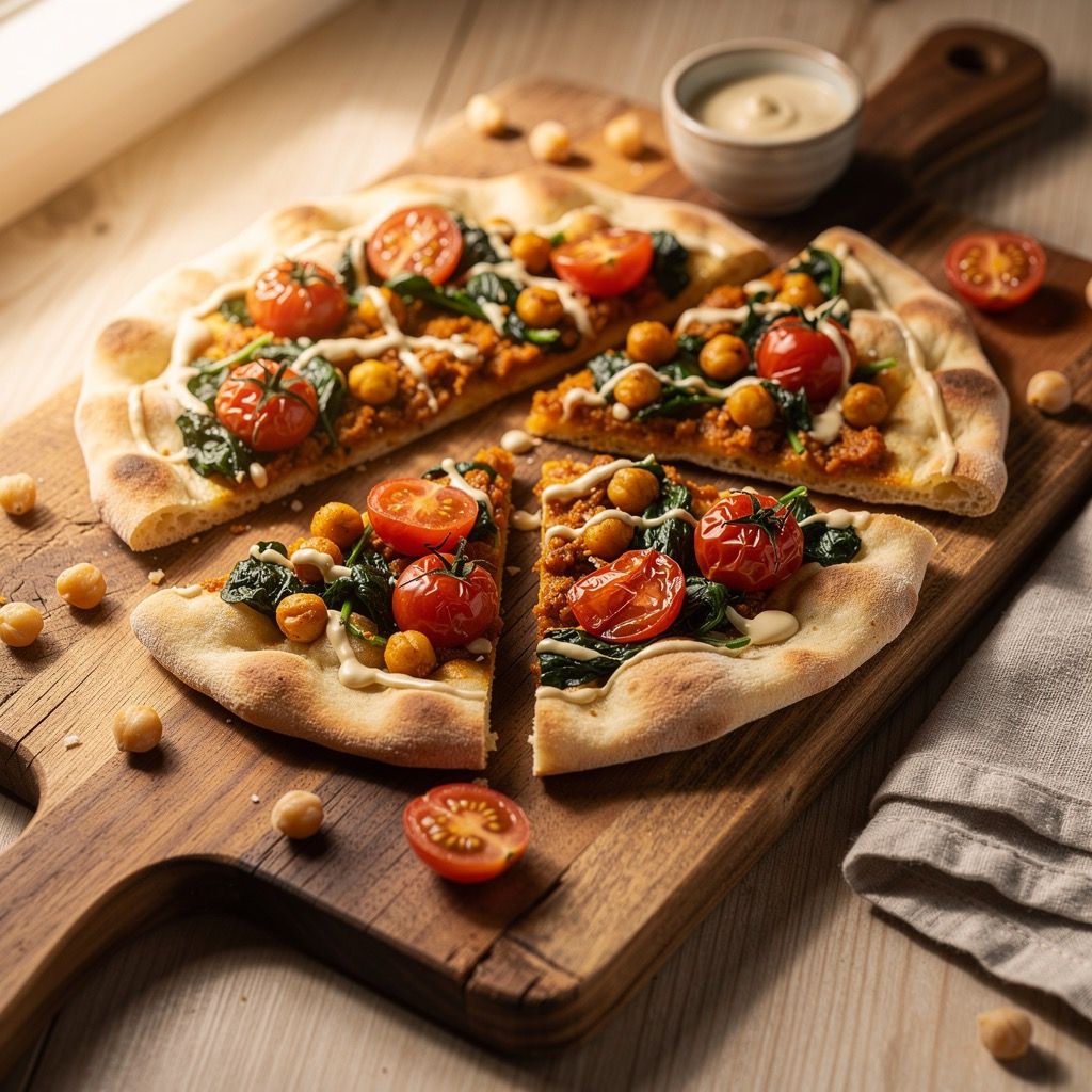 Two naan flatbreads topped with a spiced chickpea-spinach mixture, blistered cherry tomatoes, and a drizzle of tahini, cut into wedges on a cutting board.
