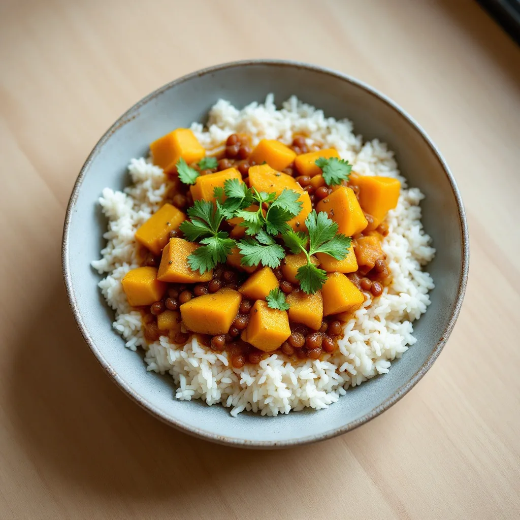 A bowl of golden-orange curry with chunks of butternut squash and red lentils, topped with fresh cilantro and served over basmati rice.