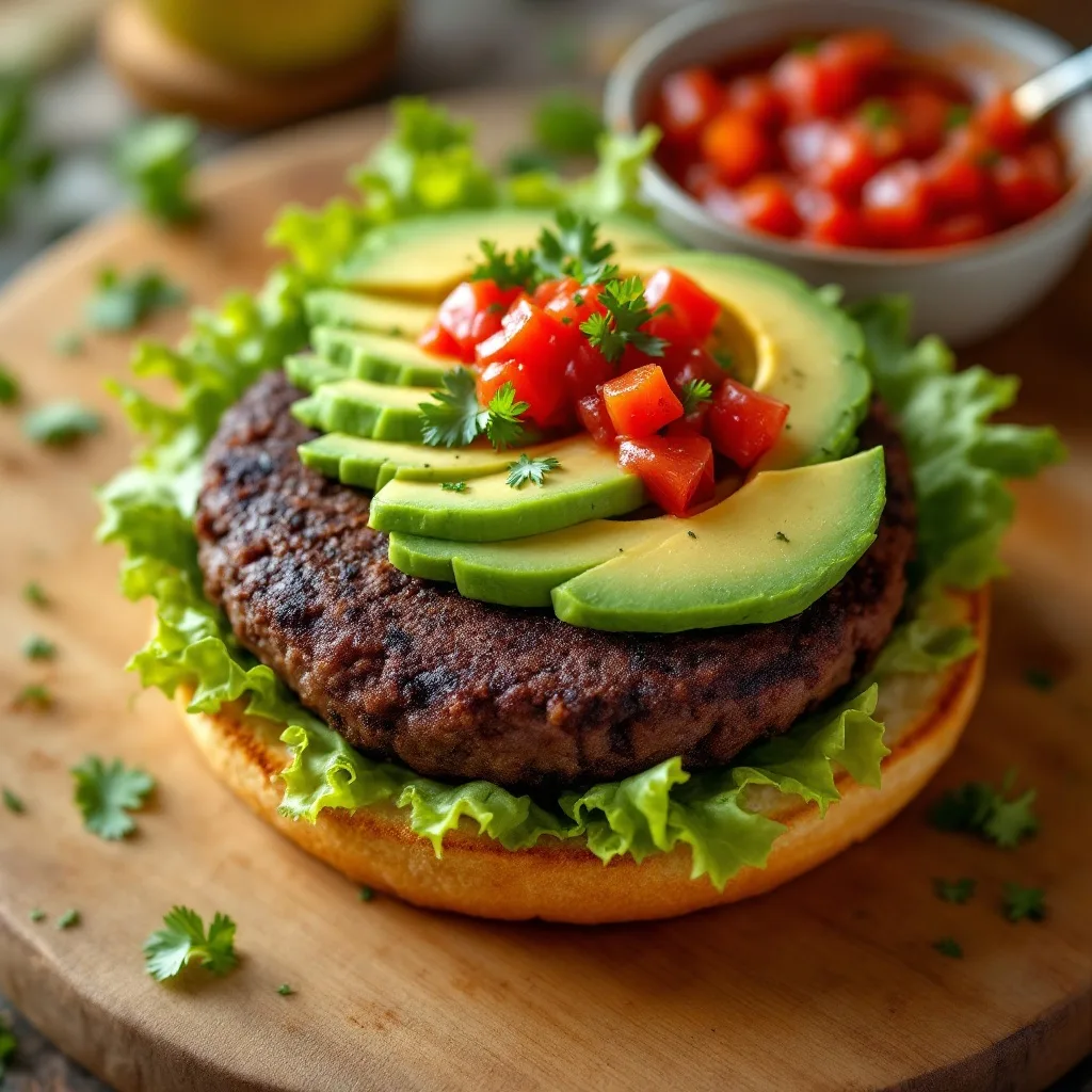 A black bean burger patty with a dark crust on a toasted bun, topped with sliced avocado, crisp lettuce, and a spoonful of red salsa.