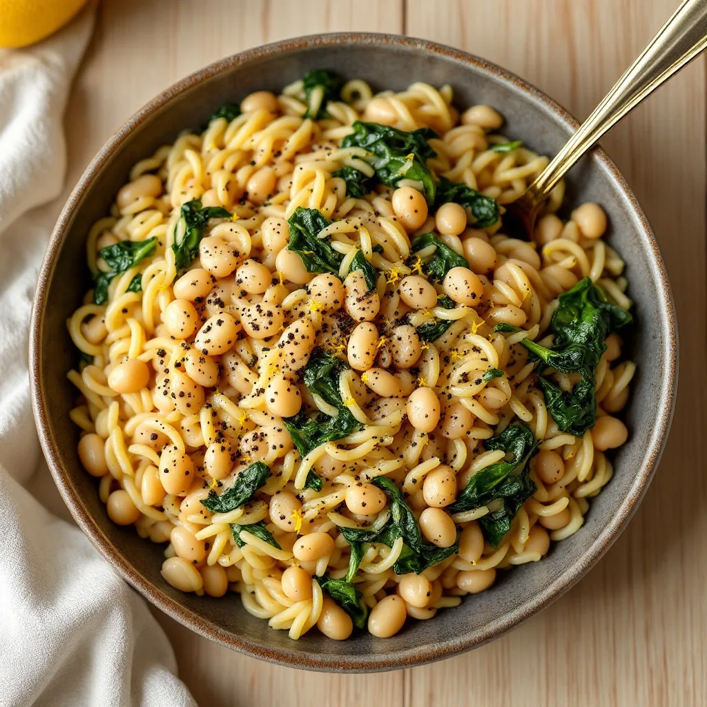 A wide shallow bowl of creamy orzo with white beans, wilted spinach, and visible lemon zest, garnished with cracked black pepper.