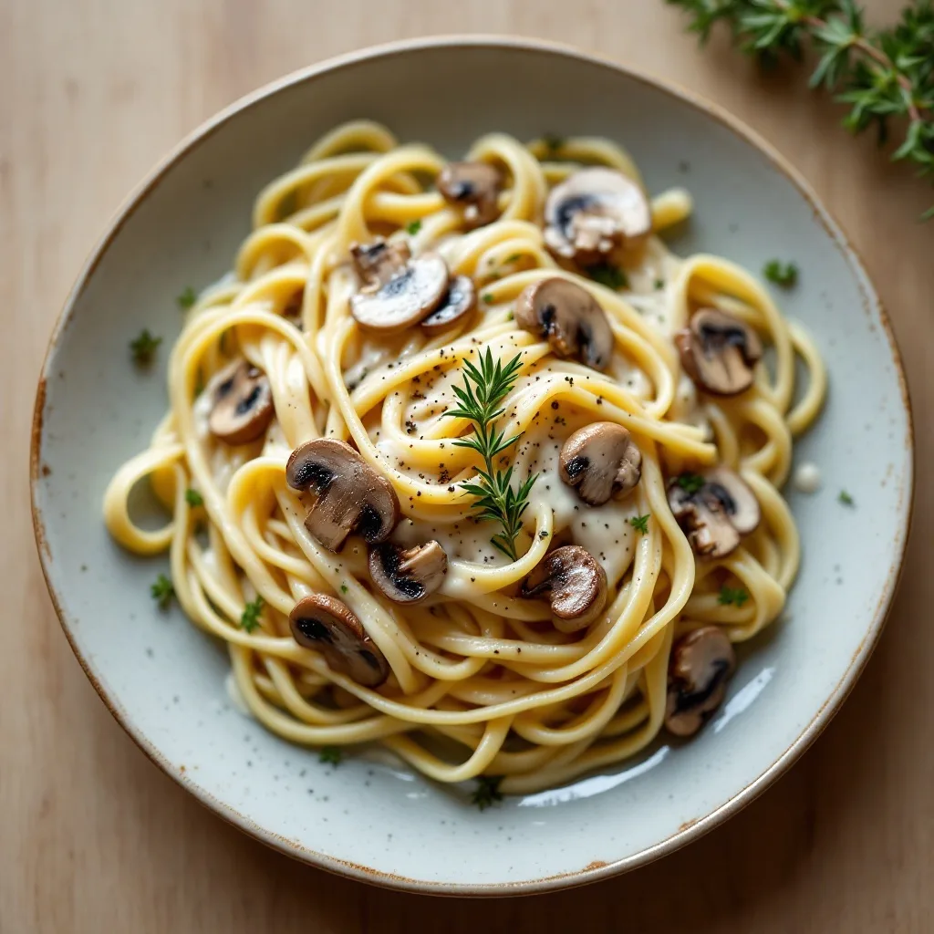 A plate of fettuccine coated in creamy white sauce studded with sliced mushrooms, sprinkled with fresh thyme leaves and cracked black pepper.