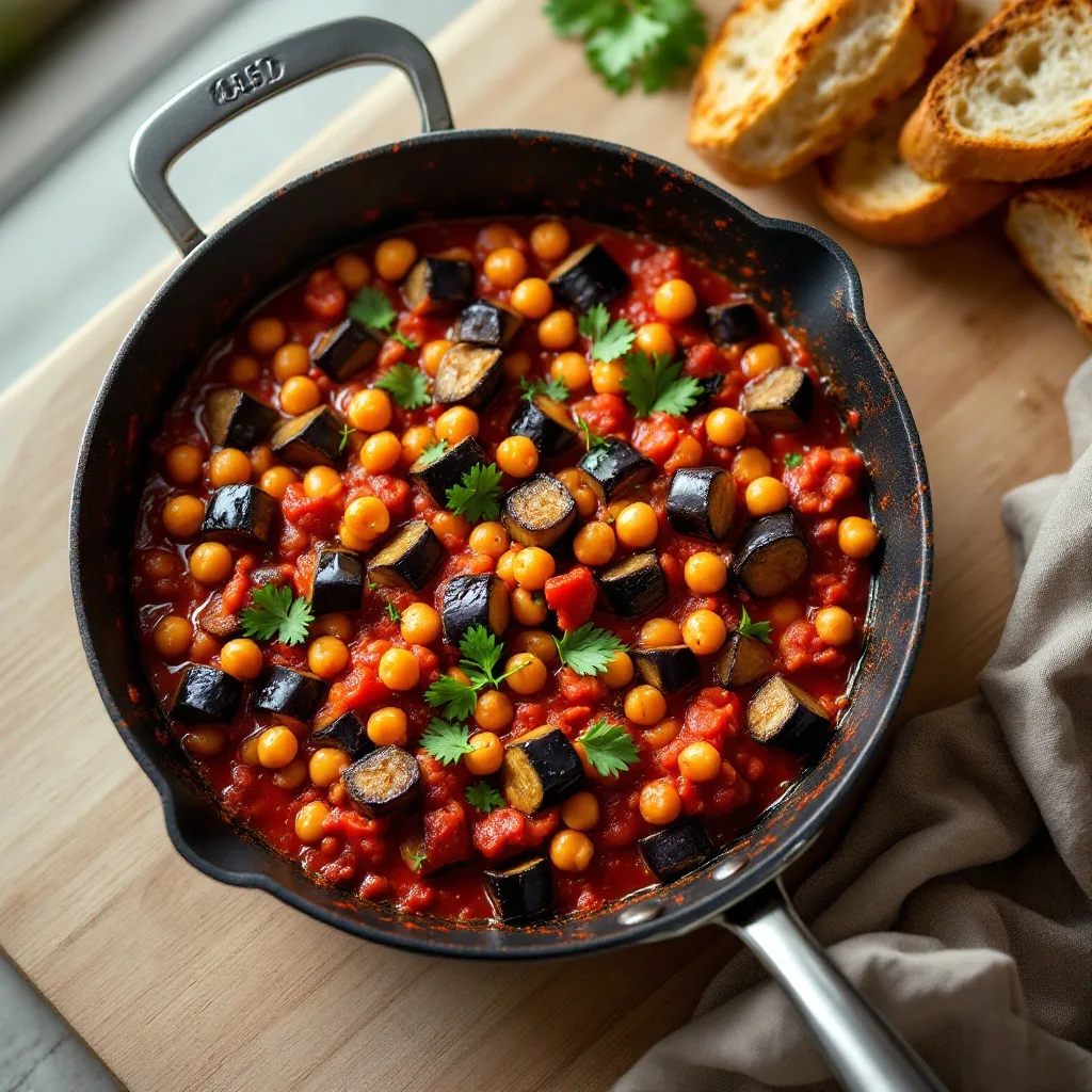 A wide skillet of bubbling red tomato sauce with cubed eggplant and chickpeas, garnished with fresh parsley and served with slices of crusty bread on the side.