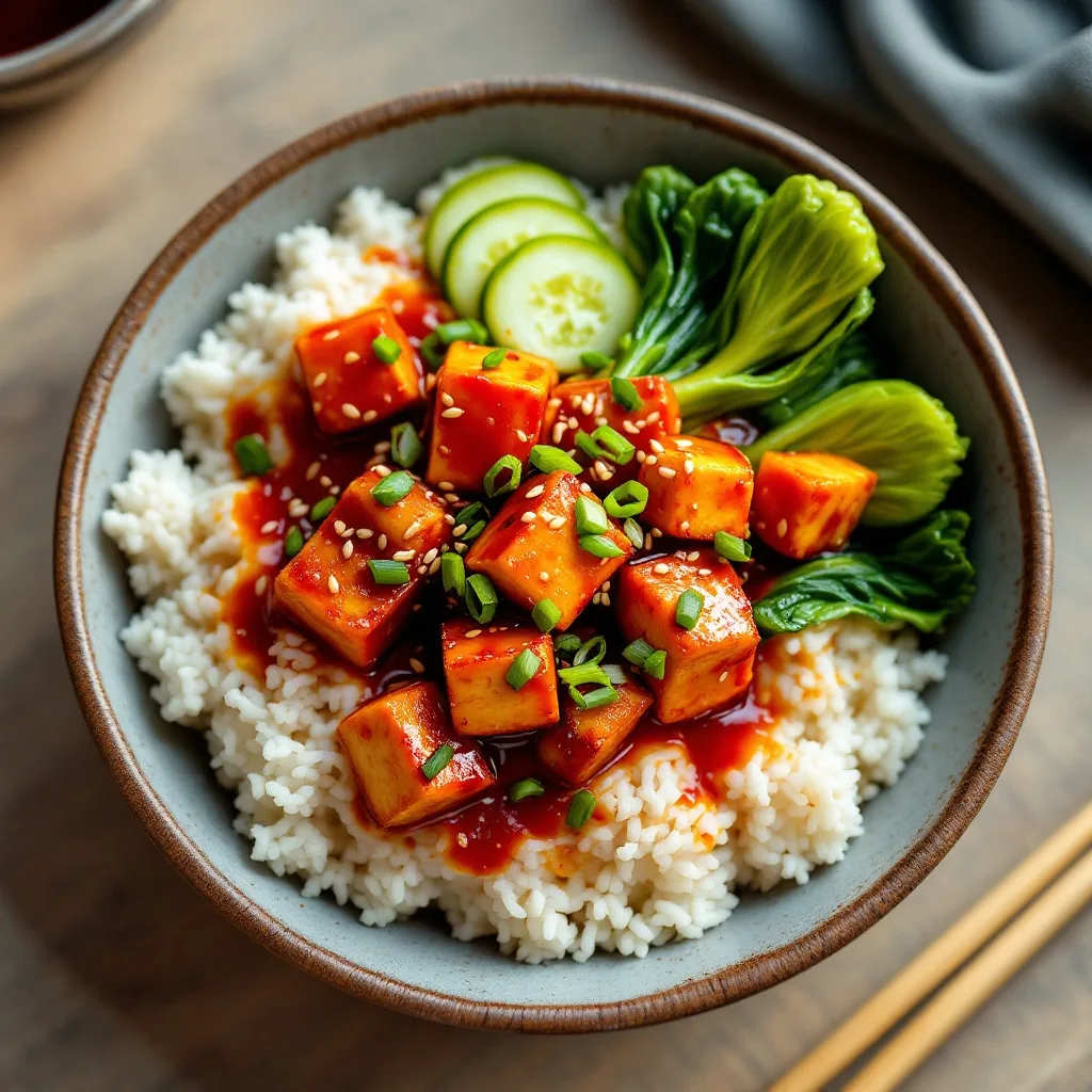 A bowl of white rice topped with deep red gochujang-glazed tofu cubes, green bok choy halves, and sliced pickled cucumbers, sprinkled with sesame seeds and scallions.
