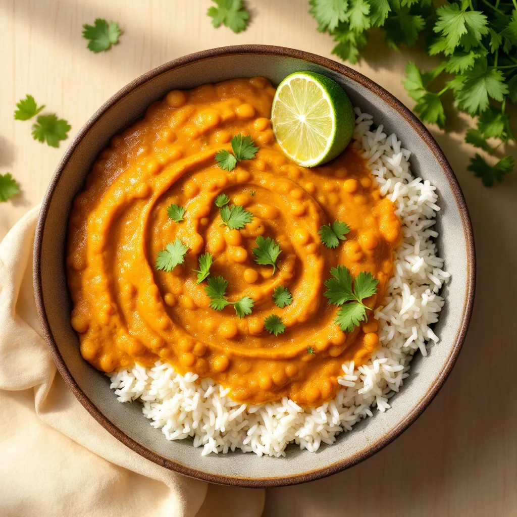 A bowl of golden-orange creamy red lentil dal served over fluffy white basmati rice, garnished with fresh cilantro and a lime wedge.