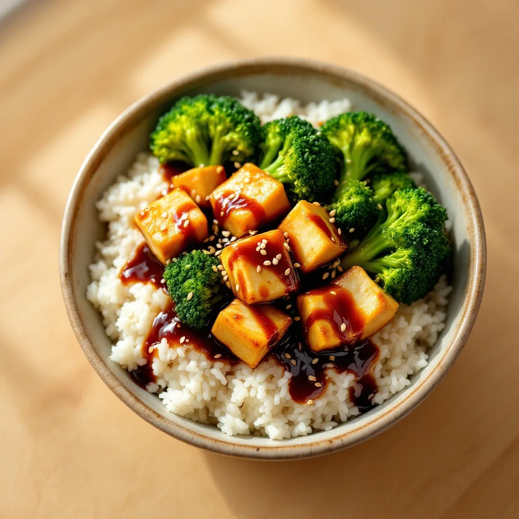 A bowl of jasmine rice topped with golden cubed tofu and bright green broccoli florets coated in a glossy dark sesame-ginger sauce, sprinkled with sesame seeds.