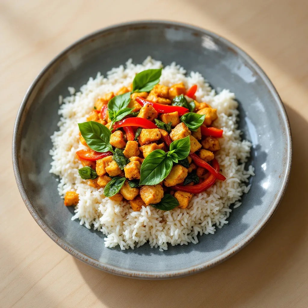 A plate of crumbled golden tempeh stir-fried with fresh green Thai basil leaves and red bell pepper strips, served over white jasmine rice.