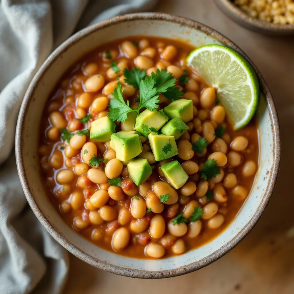 A bowl of creamy white bean chili topped with diced avocado, fresh cilantro, and a lime wedge.