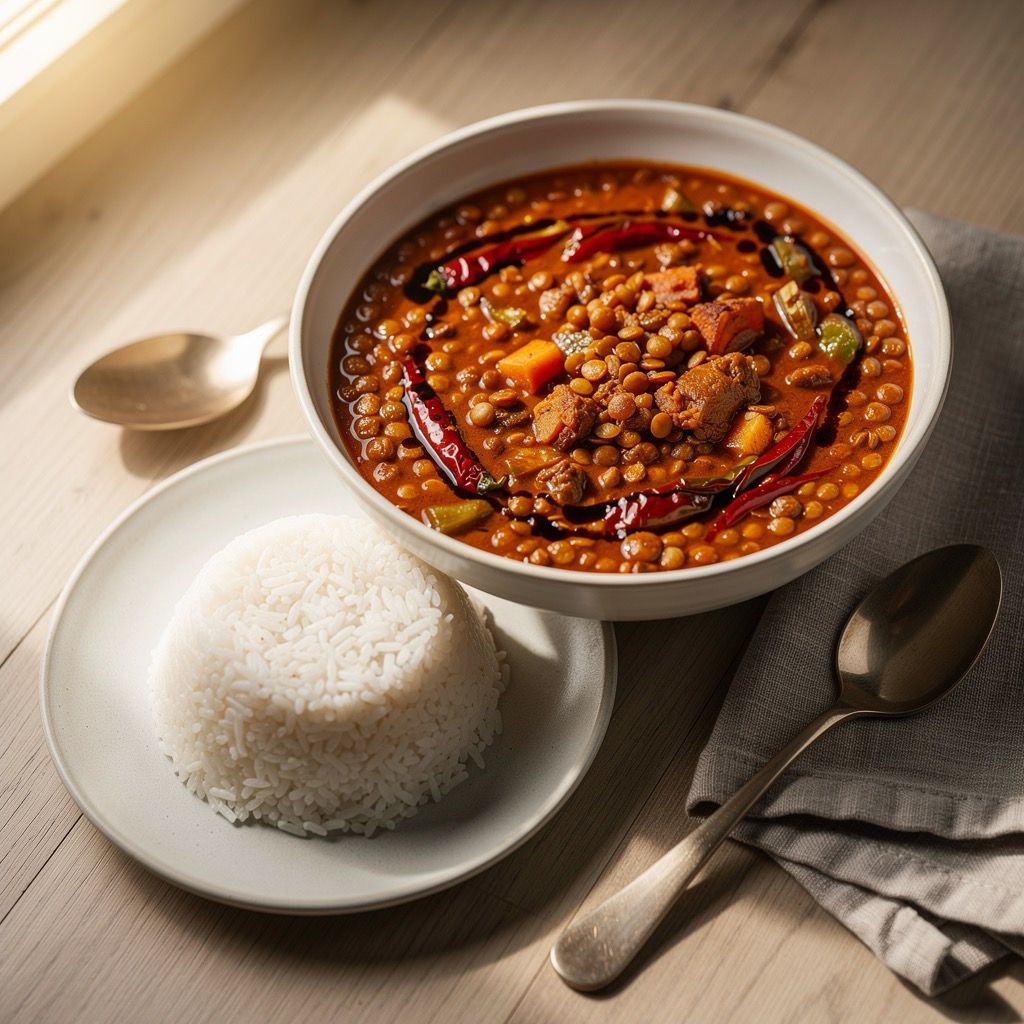 A deep bowl of thick, brick-red lentil stew with a sheen of spiced oil on top, served alongside jasmine rice.