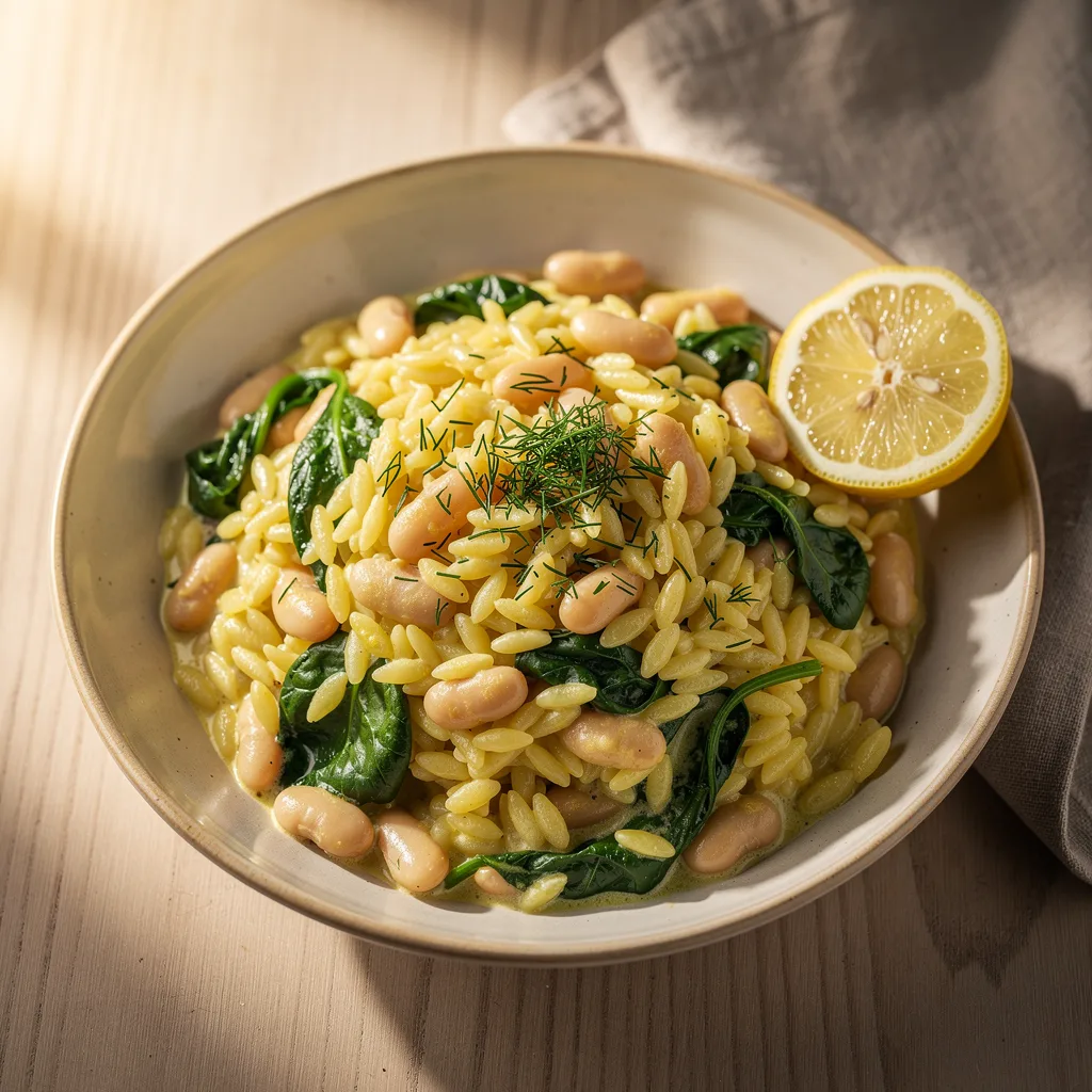 Greek Lemon Orzo with Spinach & White Beans