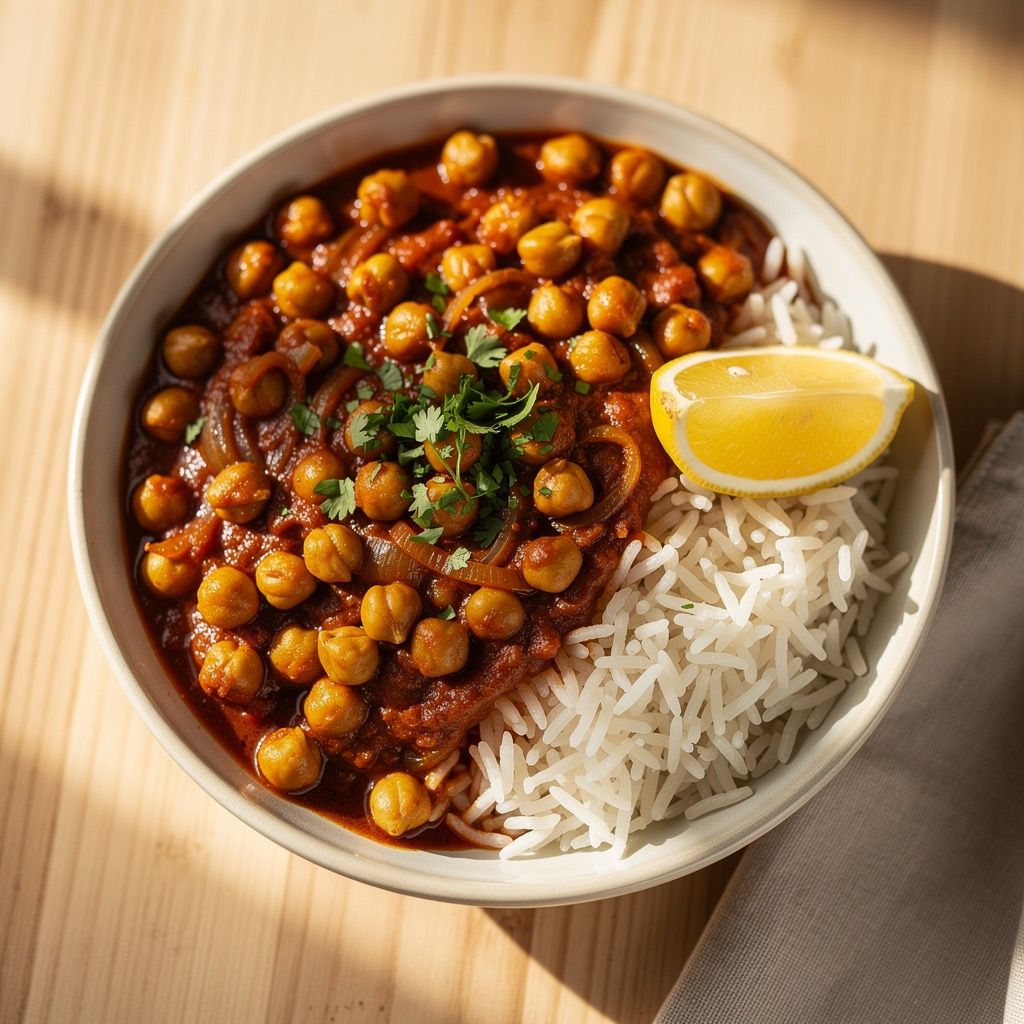 A bowl of rich, reddish-brown chana masala with whole chickpeas in a thick tomato sauce, garnished with fresh cilantro and a wedge of lemon, over basmati rice.