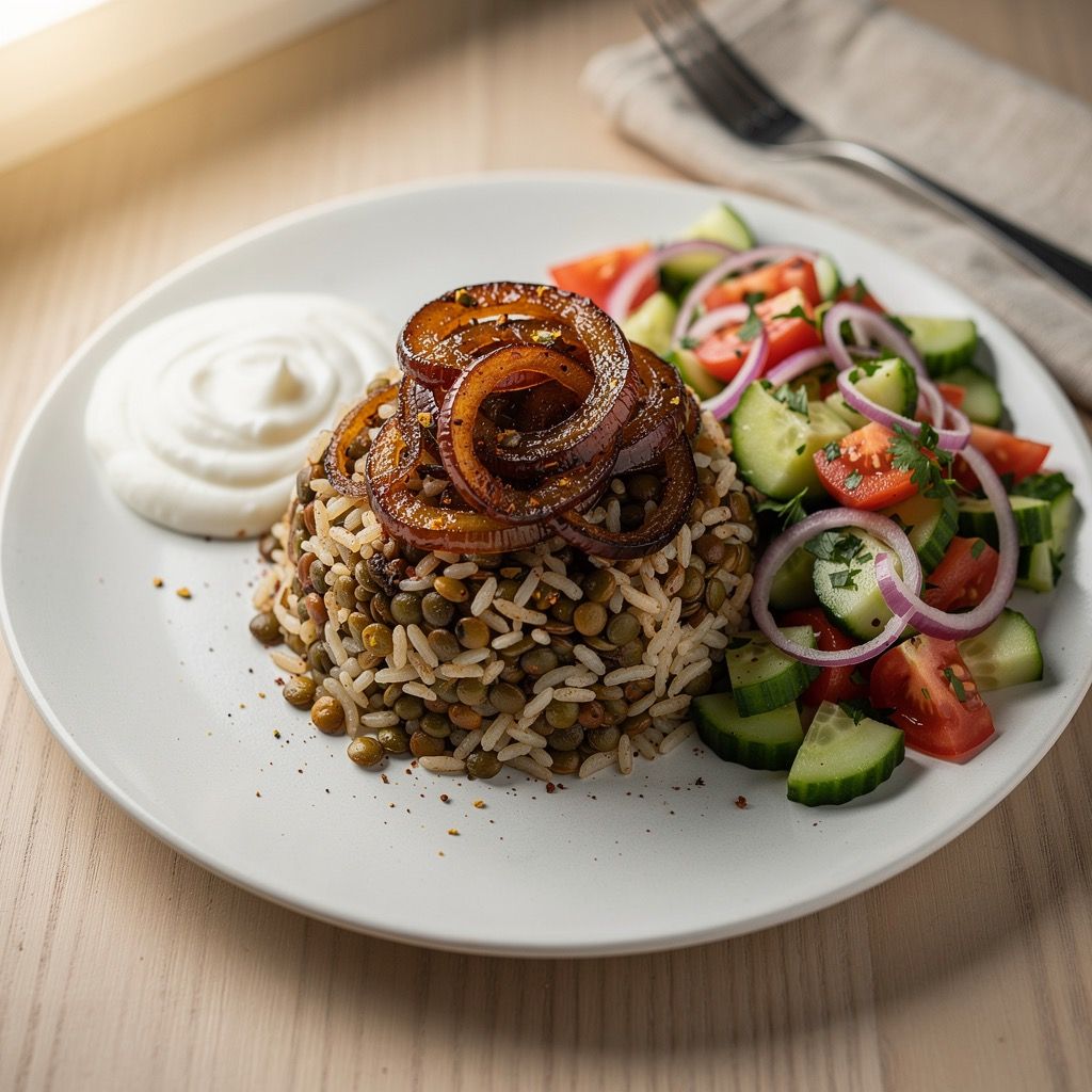 A mound of lentils and rice on a plate topped with a generous pile of dark, crispy caramelized onion rings, with a side of fresh cucumber-tomato salad and yogurt.