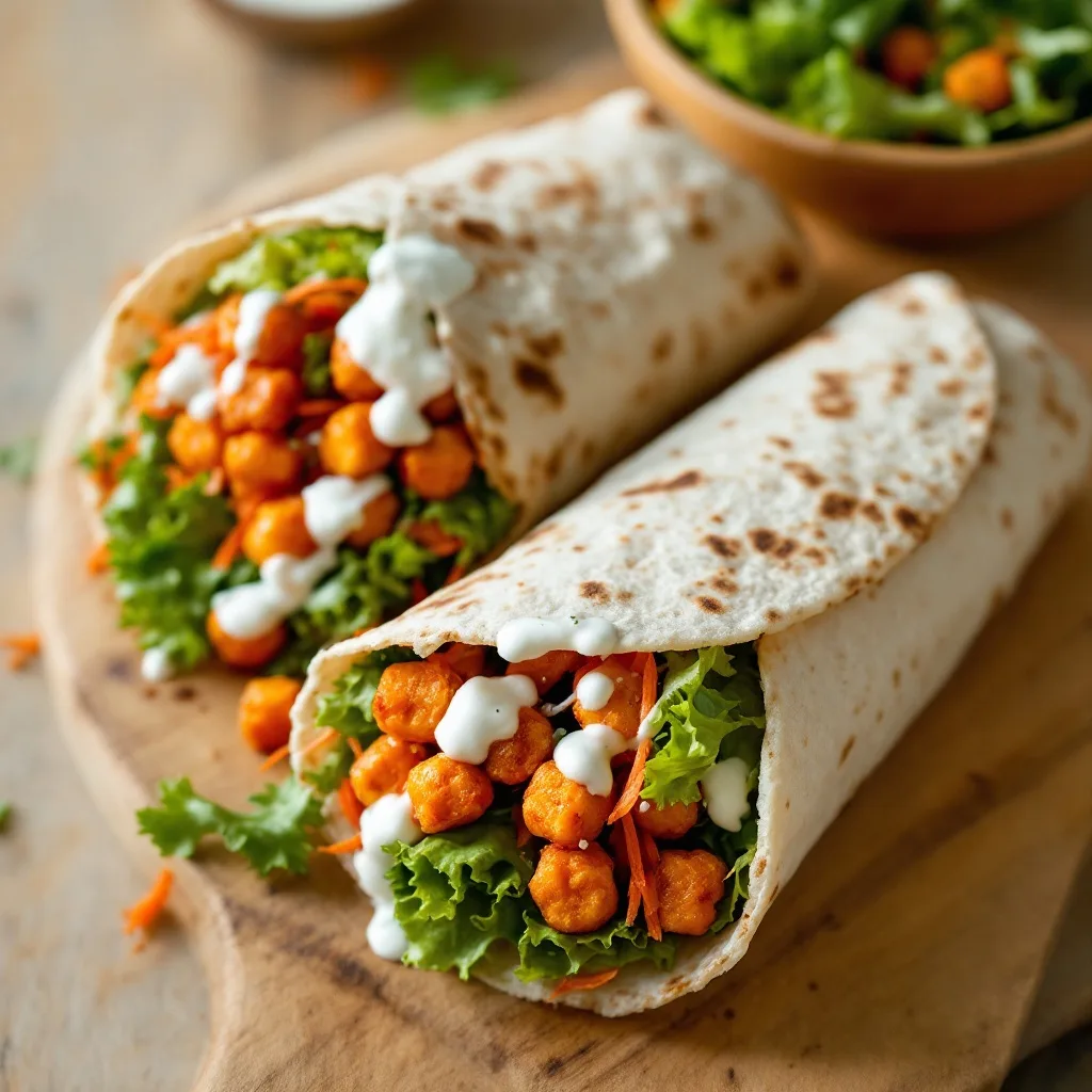 A halved flour tortilla wrap showing buffalo-orange roasted chickpeas, shredded carrots, romaine lettuce, and a drizzle of white ranch dressing.