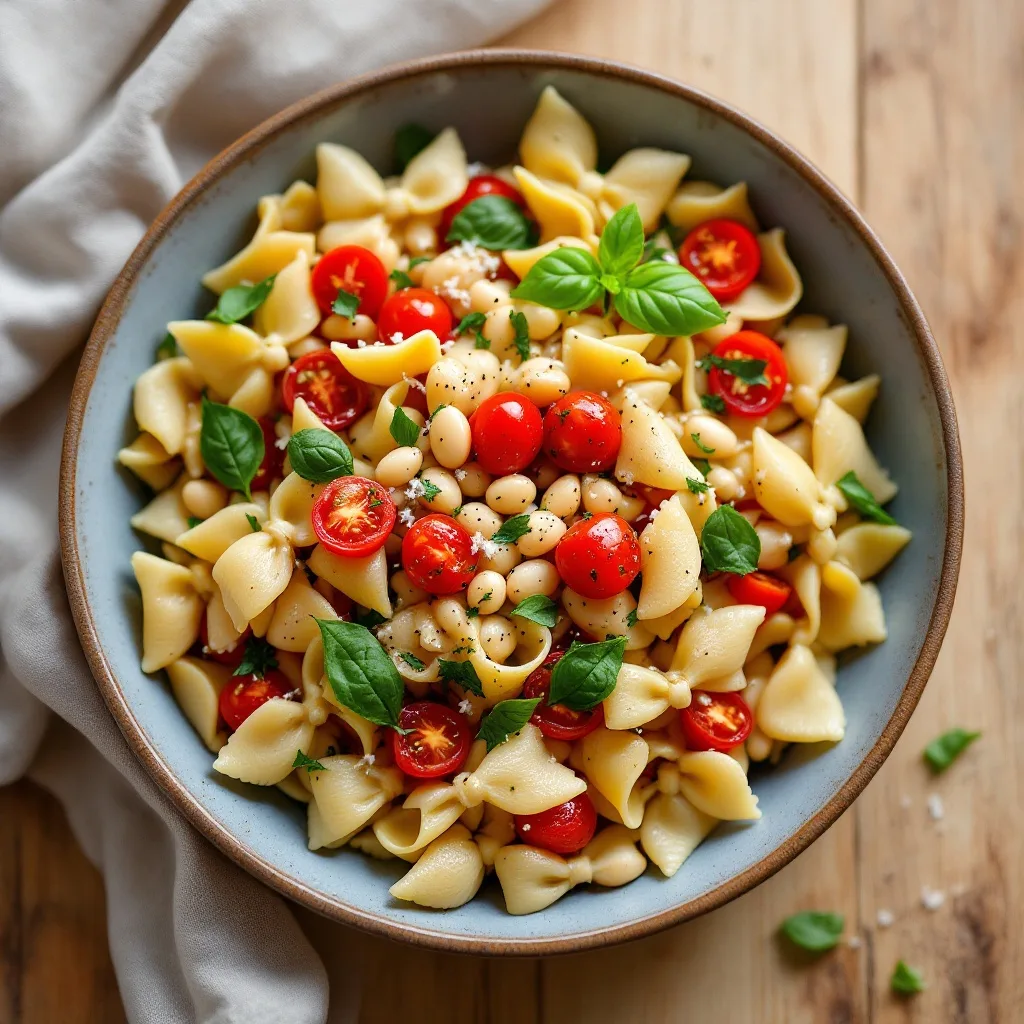 A large bowl of bowtie pasta tossed with halved cherry tomatoes, creamy white beans, fresh torn basil, and glistening with balsamic dressing.