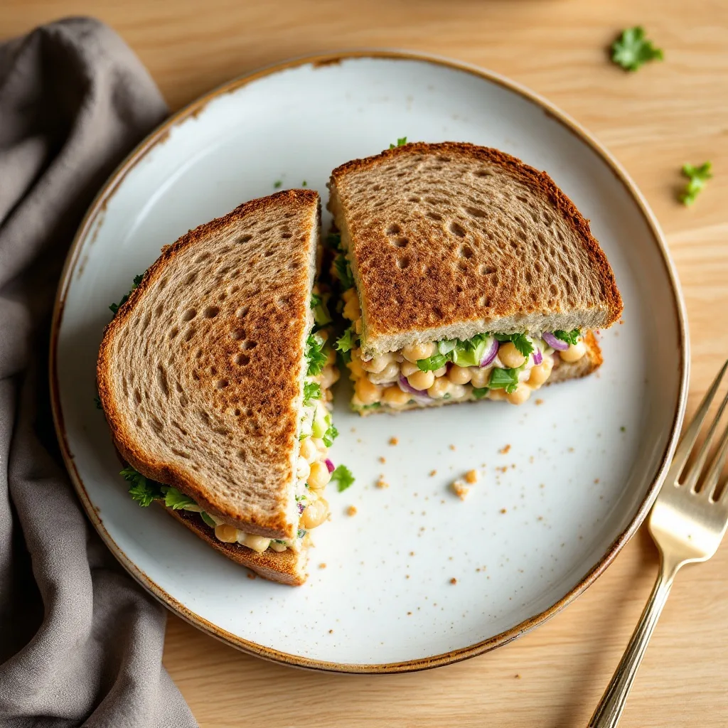 A whole grain bread sandwich cut in half on a plate, revealing creamy chickpea salad with celery and red onion topped with green lettuce.